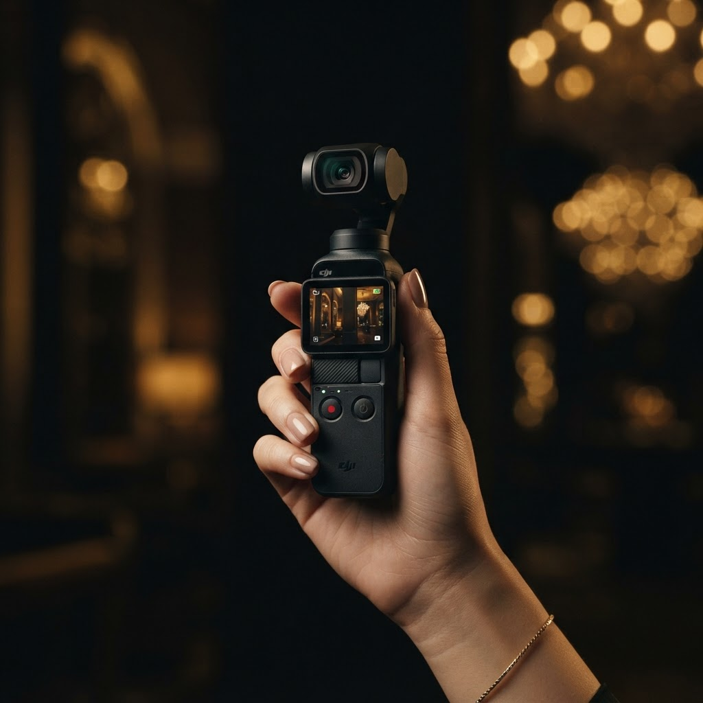 DJI Osmo Pocket held in hand with cinematic golden light